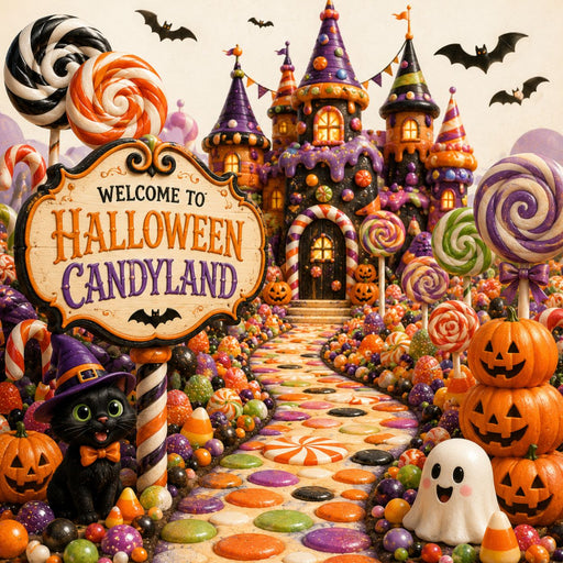 Halloween Candyland metal sign featuring a candy castle, colorful lollipops, pumpkins, a friendly ghost, and a black cat. Exclusive Trendy Tree Design. SKU TTE-521.