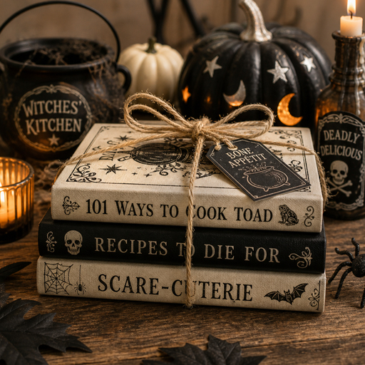 TTE-474 Halloween cookbook stack metal sign featuring whimsical recipe books, candlelight, apothecary bottles, pumpkins, witch-themed kitchen décor, and vintage Halloween accents.