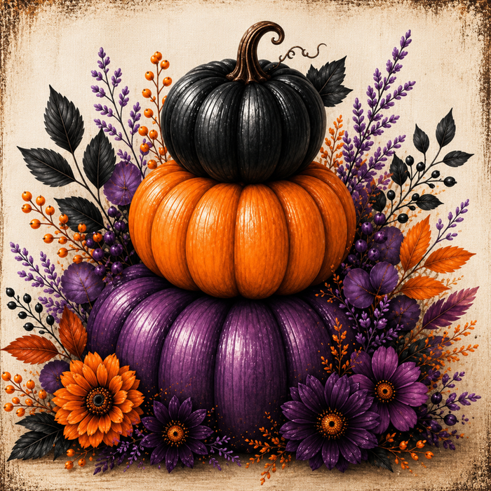 Stacked black, orange, and purple pumpkins surrounded by coordinating flowers, berries, and foliage on a Halloween wreath accent metal sign TTE-438