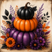 Stacked black, orange, and purple pumpkins surrounded by coordinating flowers, berries, and foliage on a Halloween wreath accent metal sign TTE-438