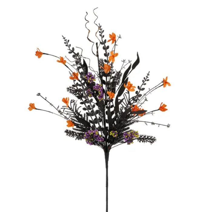 The 24 Inch Fabric Flower Eva Leaf Purple Beads Halloween Spray FH807177 features small orange flowers, purple beads, green foliage, and beaded accents on thin stems in a fan shape—ideal for Halloween décor.