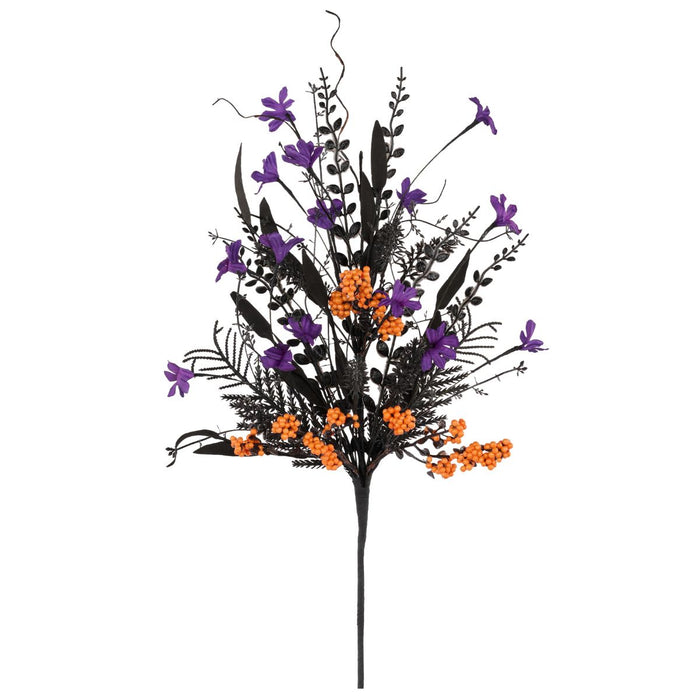24-inch Halloween floral spray with purple fabric flowers, orange bead clusters, and black EVA leaves – available at Trendy Tree.