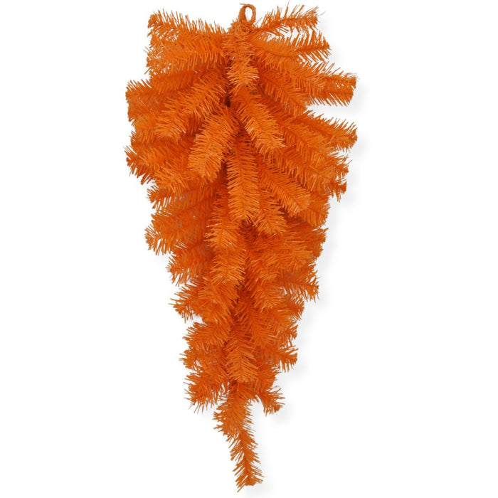 The 24" Orange Artificial Pine Halloween Teardrop Swag (82298-OR) features densely packed needles arranged in a graceful, downward-facing cluster against a plain white background—perfect for adding a festive touch to your fall porch decorations or Halloween door décor.
