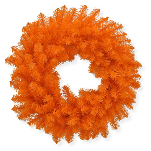 The 24" Orange Artificial Pine Wreath (82295-OR) features densely arranged, bright orange pine branches in a spiky, circular design, making it the perfect accent for your fall décor against a crisp white background.
