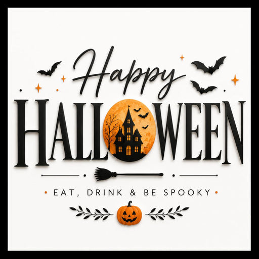Happy Halloween metal sign featuring a haunted house inside an orange moon, bats, witch broom, jack-o’-lantern, and Eat, Drink & Be Spooky wording. SKU TTE-582.