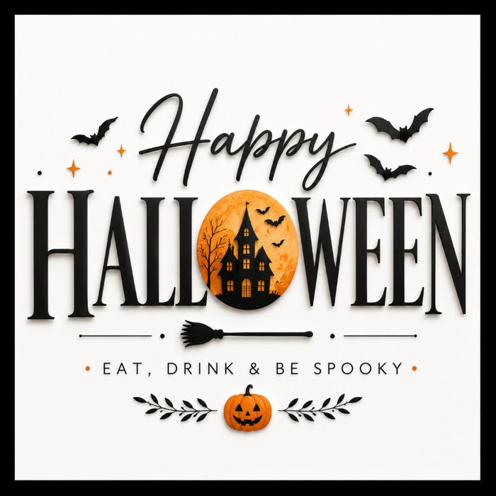 Happy Halloween metal sign featuring a haunted house inside an orange moon, bats, witch broom, jack-o’-lantern, and Eat, Drink & Be Spooky wording. SKU TTE-582.