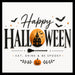 Happy Halloween metal sign featuring a haunted house inside an orange moon, bats, witch broom, jack-o’-lantern, and Eat, Drink & Be Spooky wording. SKU TTE-582.