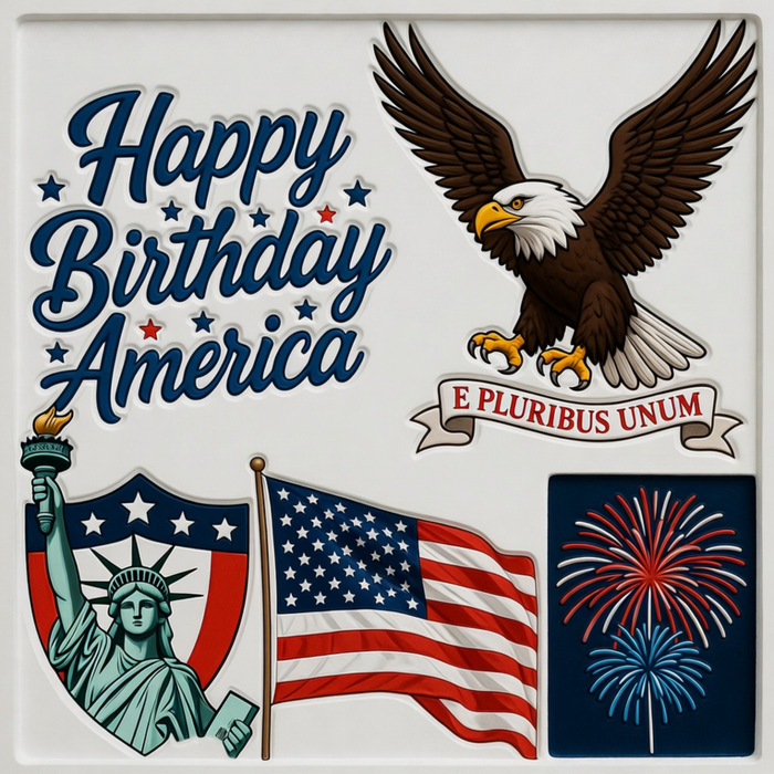 10-inch metal sign with colorful patriotic icons including bald eagle, Statue of Liberty, U.S. flag, and fireworks, perfect for 4th of July wreaths and decor.