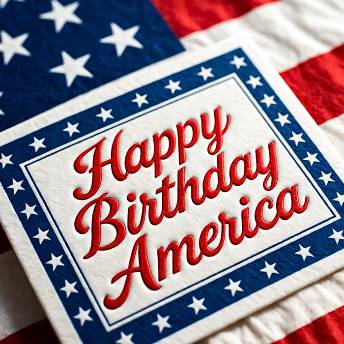 10-inch square metal sign with “Happy Birthday America” in red script and a patriotic star border, perfect for wreaths and 4th of July decor.