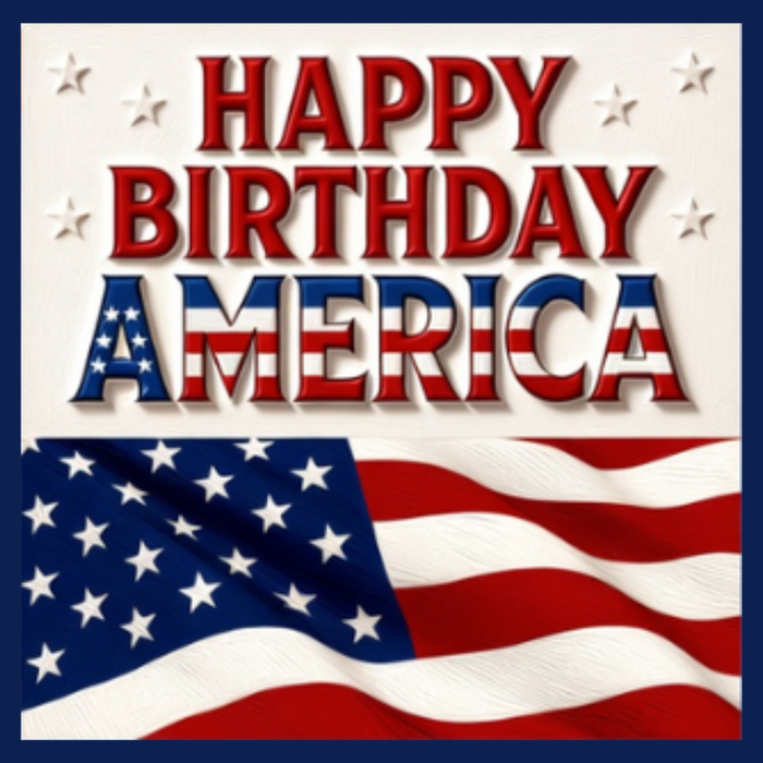 10-inch metal sign with “Happy Birthday America” in red lettering, accented with stars and a waving American flag—ideal for patriotic wreaths or 4th of July home decor.