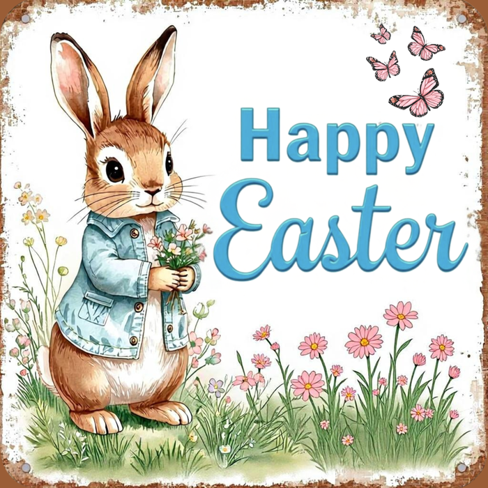 Happy Easter bunny metal sign for wreath making, 10x10 square Easter sign featuring a bunny holding flowers with spring florals and butterflies, perfect for Easter wreaths and spring wreath accents.