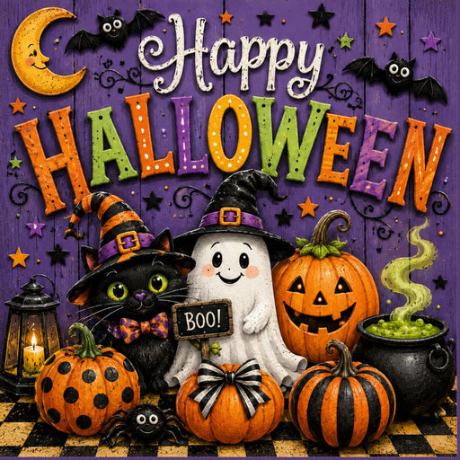 Happy Halloween metal sign featuring a black cat, smiling ghost, striped and polka dot pumpkins, bats, moon, and whimsical Halloween decorations on a purple background. Exclusive Trendy Tree Design. SKU TTE-549.