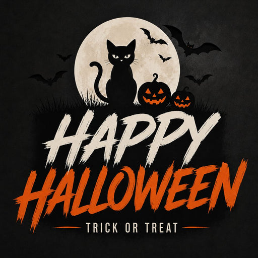 Happy Halloween metal sign featuring a black cat, full moon, bats, jack-o'-lanterns, and the words "Trick or Treat." Exclusive Trendy Tree Design. SKU TTE-537.