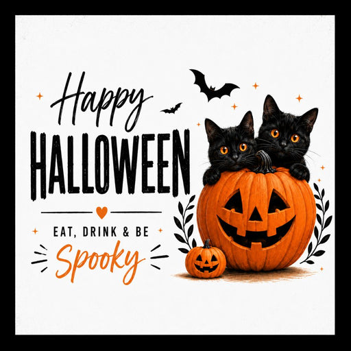 Happy Halloween metal sign featuring two black cats peeking from a jack-o'-lantern with the words Eat, Drink & Be Spooky, bats, and a clean white background. Exclusive Trendy Tree Design. SKU TTE-553.