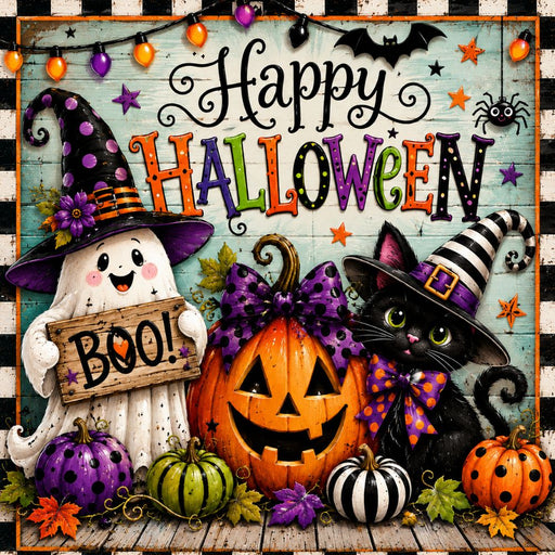 Happy Halloween BOO! metal sign featuring a smiling ghost holding a BOO! sign, a black cat in a witch hat, colorful pumpkins, string lights, and whimsical Halloween decorations. Exclusive Trendy Tree Design. SKU TTE-550.