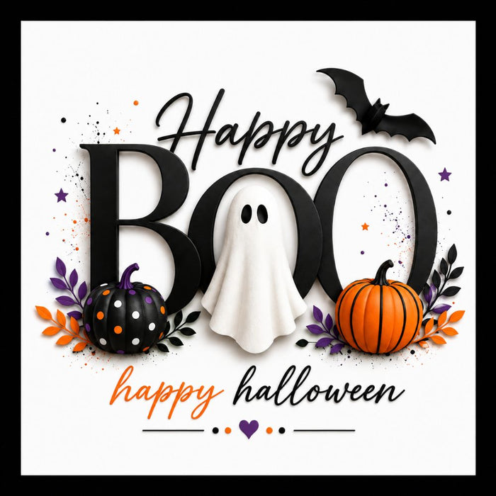 Happy Halloween BOO metal sign featuring a cute white ghost, black and orange pumpkins, bats, purple accents, and bold black lettering. SKU TTE-584.
