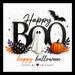 Happy Halloween BOO metal sign featuring a cute white ghost, black and orange pumpkins, bats, purple accents, and bold black lettering. SKU TTE-584.