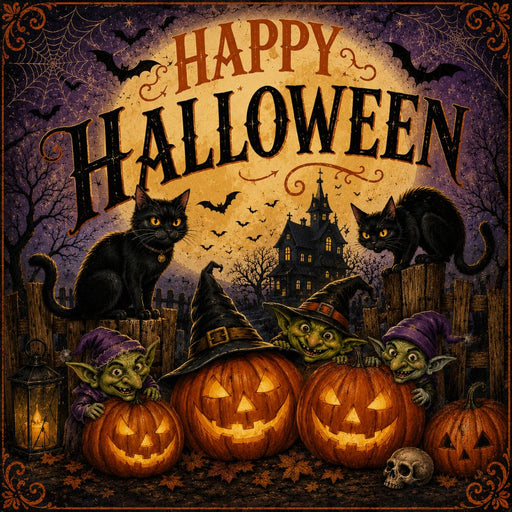 Happy Halloween metal sign featuring goblins, black cats, glowing jack-o'-lanterns, a haunted house, bats, and a vintage Halloween scene. Exclusive Trendy Tree Design. SKU TTE-534.