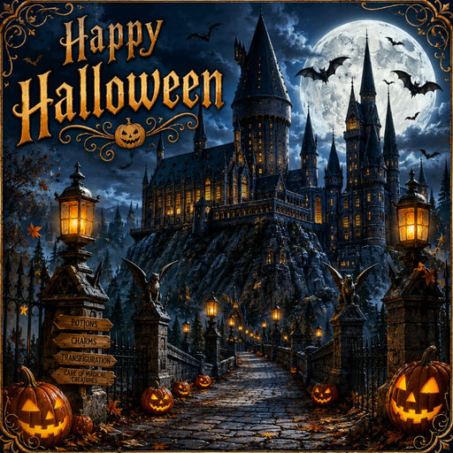 Happy Halloween haunted castle metal sign featuring a moonlit castle, glowing jack-o'-lanterns, lantern-lit pathway, bats, and haunted house-inspired Halloween artwork. Exclusive Trendy Tree Design. SKU TTE-531.