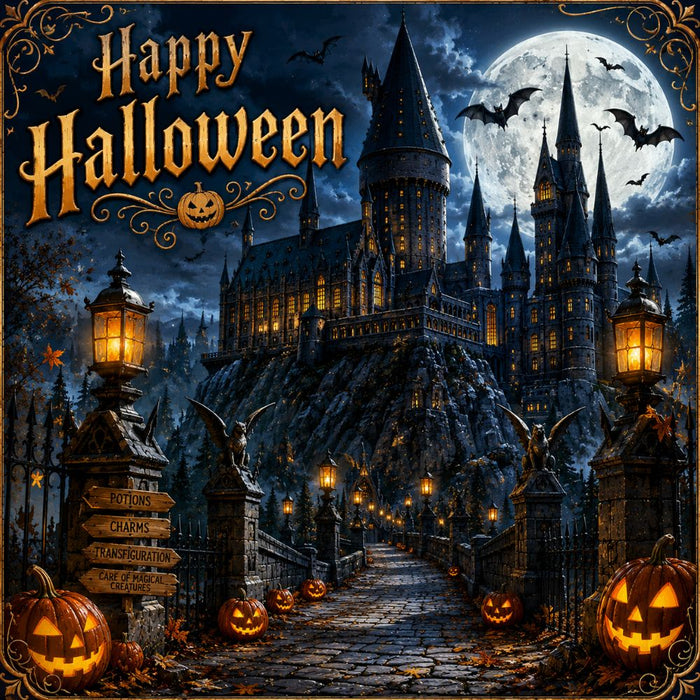 Happy Halloween haunted castle metal sign featuring a moonlit castle, glowing jack-o'-lanterns, lantern-lit pathway, bats, and haunted house-inspired Halloween artwork. Exclusive Trendy Tree Design. SKU TTE-531.