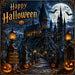Happy Halloween haunted castle metal sign featuring a moonlit castle, glowing jack-o'-lanterns, lantern-lit pathway, bats, and haunted house-inspired Halloween artwork. Exclusive Trendy Tree Design. SKU TTE-531.