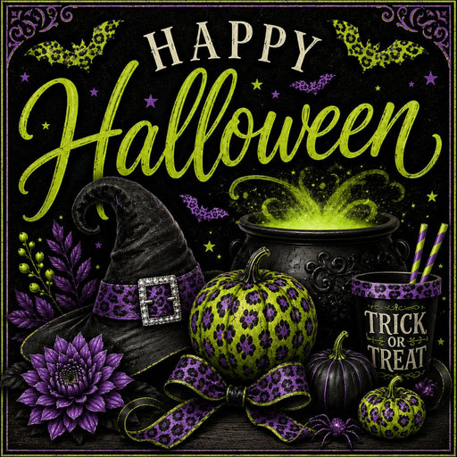 Happy Halloween metal sign featuring a witch hat, bubbling green cauldron, lime and purple patterned pumpkins, purple flowers, bats, and animal print accents. Exclusive Trendy Tree Design. SKU TTE-570.