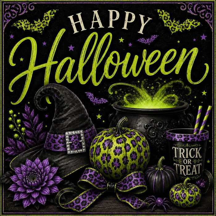 Happy Halloween metal sign featuring a witch hat, bubbling green cauldron, lime and purple patterned pumpkins, purple flowers, bats, and animal print accents. Exclusive Trendy Tree Design. SKU TTE-570.