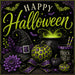 Happy Halloween metal sign featuring a witch hat, bubbling green cauldron, lime and purple patterned pumpkins, purple flowers, bats, and animal print accents. Exclusive Trendy Tree Design. SKU TTE-570.
