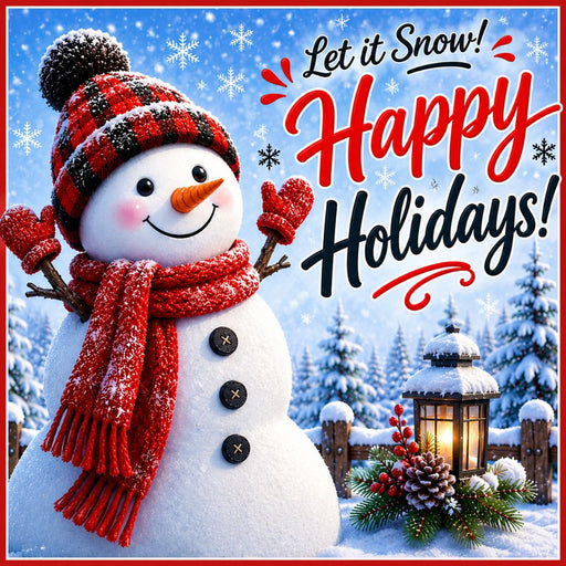 Happy Holidays snowman metal sign featuring a smiling snowman wearing a red buffalo plaid hat and scarf, snowy landscape, lantern, and Let It Snow holiday message. Exclusive Trendy Tree Design. SKU TTE-564.