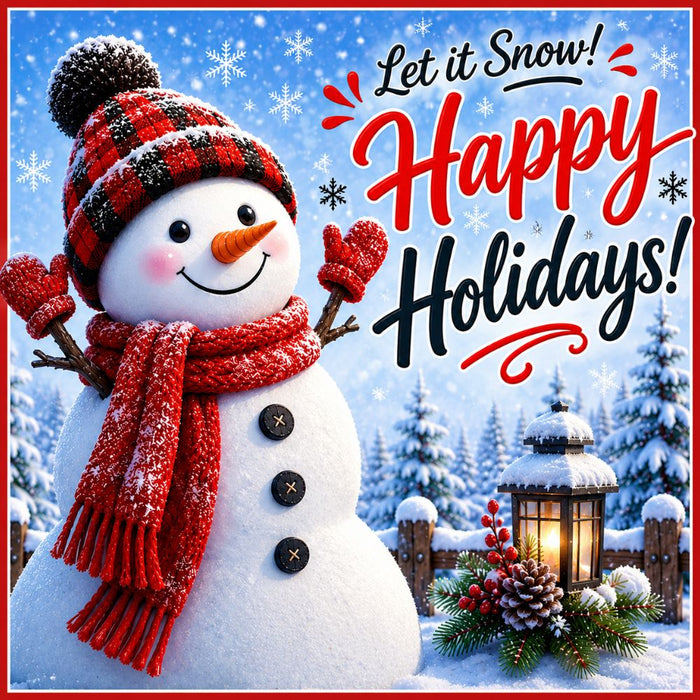 Happy Holidays snowman metal sign featuring a smiling snowman wearing a red buffalo plaid hat and scarf, snowy landscape, lantern, and Let It Snow holiday message. Exclusive Trendy Tree Design. SKU TTE-564.