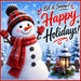 Happy Holidays snowman metal sign featuring a smiling snowman wearing a red buffalo plaid hat and scarf, snowy landscape, lantern, and Let It Snow holiday message. Exclusive Trendy Tree Design. SKU TTE-564.
