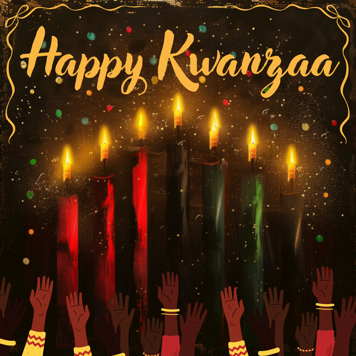 10-inch metal Kwanzaa sign featuring glowing red, black, and green candles with raised hands in celebration and gold “Happy Kwanzaa” text on a dark textured background.