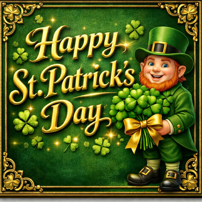 10 inch square metal St. Patrick’s Day sign featuring a leprechaun holding shamrocks with Happy St. Patrick’s Day text, exclusive Trendy Tree design for mesh or grapevine wreaths and framing