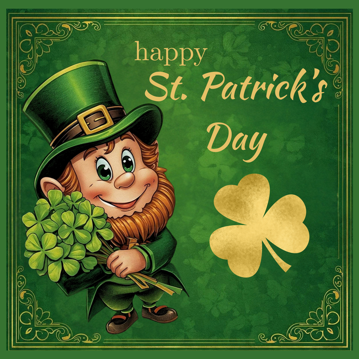 10 inch square metal St. Patrick’s Day sign featuring a leprechaun holding shamrocks with Happy St. Patrick’s Day text and gold shamrock accent, exclusive Trendy Tree design for mesh or grapevine wreaths and framing