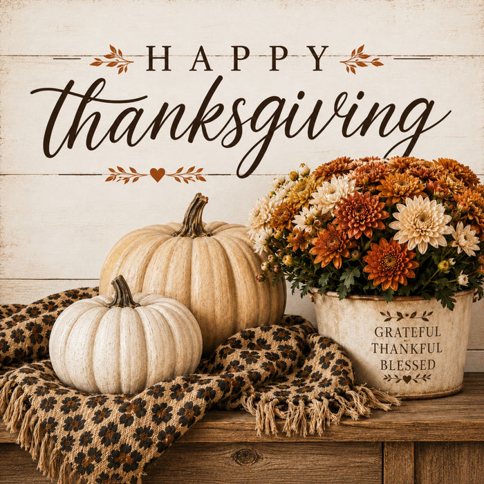 Happy Thanksgiving metal sign featuring cream pumpkins, rust and cream mums, and an animal print throw in warm neutral fall colors. SKU TTE-572.