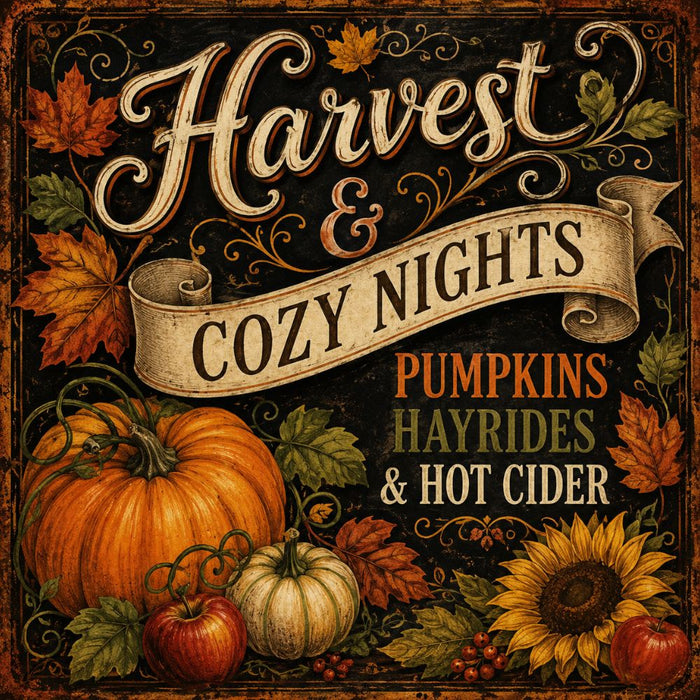 Harvest & Cozy Nights 10 inch metal fall sign with pumpkins, sunflower, autumn leaves and Pumpkins Hayrides & Hot Cider sentiment, TTE-641.