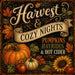 Harvest & Cozy Nights 10 inch metal fall sign with pumpkins, sunflower, autumn leaves and Pumpkins Hayrides & Hot Cider sentiment, TTE-641.
