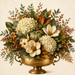 TE-441 Autumn Hydrangeas in Brass Compote metal sign featuring cream hydrangeas, magnolia flowers, soft pumpkins, autumn berries, and fall foliage arranged in an ornate brass compote against a neutral background.