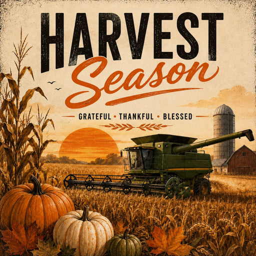 Harvest Season metal sign featuring a combine harvesting a golden field with pumpkins, a country barn, silo, and the words "Grateful • Thankful • Blessed." Exclusive Trendy Tree Design. SKU TTE-523.