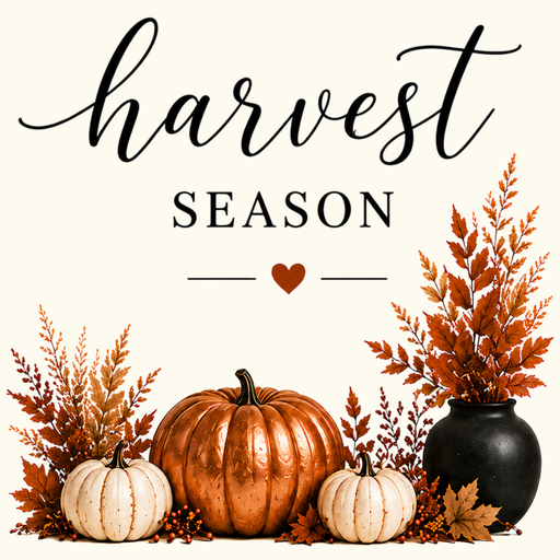 Harvest Season metal sign featuring copper and ivory pumpkins, autumn foliage in black vases, and elegant typography on a neutral background.