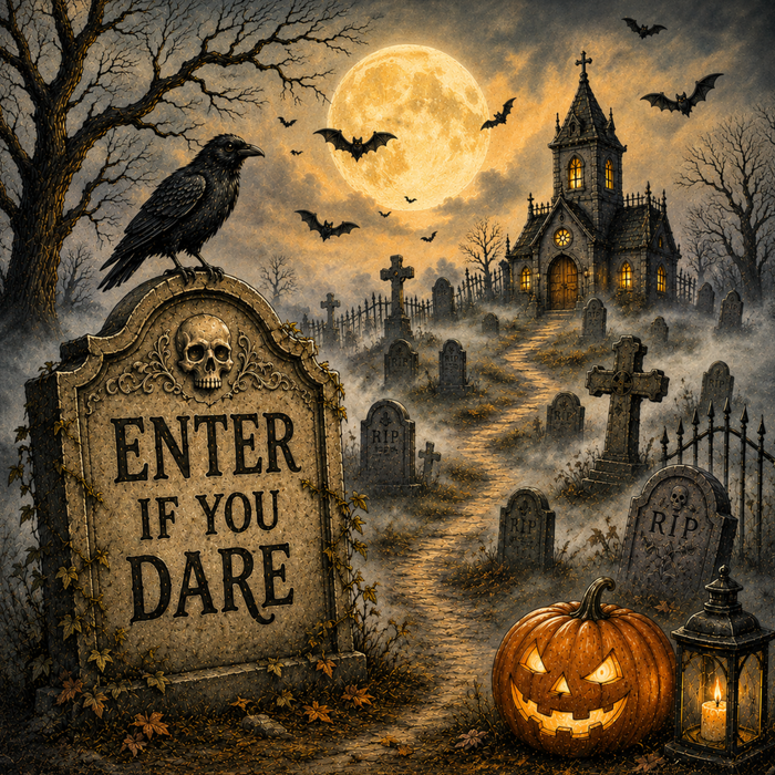 Moonlit Halloween graveyard with haunted church, raven, bats, tombstones, jack-o'-lantern, and Enter if You Dare tombstone on a metal wreath accent sign TTE-439