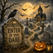 Moonlit Halloween graveyard with haunted church, raven, bats, tombstones, jack-o'-lantern, and Enter if You Dare tombstone on a metal wreath accent sign TTE-439