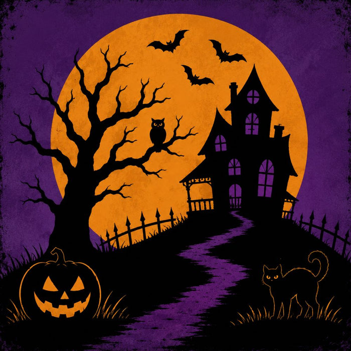TTE-586 Halloween metal sign with black haunted house, orange full moon, bats, owl, black cat and jack-o'-lantern on purple background.