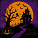 TTE-586 Halloween metal sign with black haunted house, orange full moon, bats, owl, black cat and jack-o'-lantern on purple background.