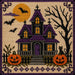 Haunted house 10 inch metal Halloween sign with needlepoint-style purple and black house, glowing windows, jack-o-lanterns, bats, black cat, bare tree, full moon and purple decorative border, TTE-679.