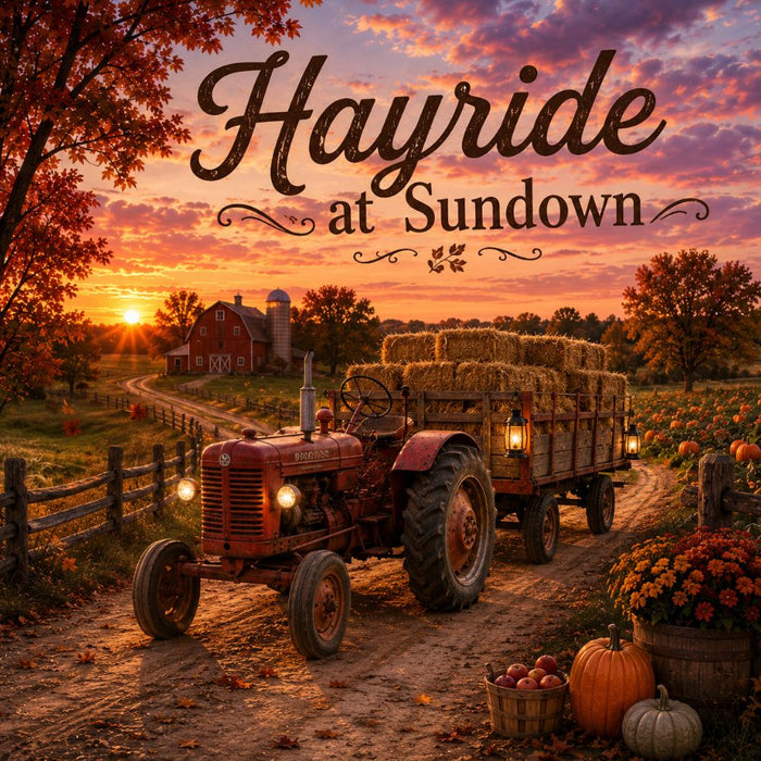 Hayride at Sundown 10 inch metal fall sign with vintage tractor, hay wagon, red barn, pumpkins, mums and autumn sunset, TTE-640.