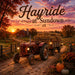 Hayride at Sundown 10 inch metal fall sign with vintage tractor, hay wagon, red barn, pumpkins, mums and autumn sunset, TTE-640.