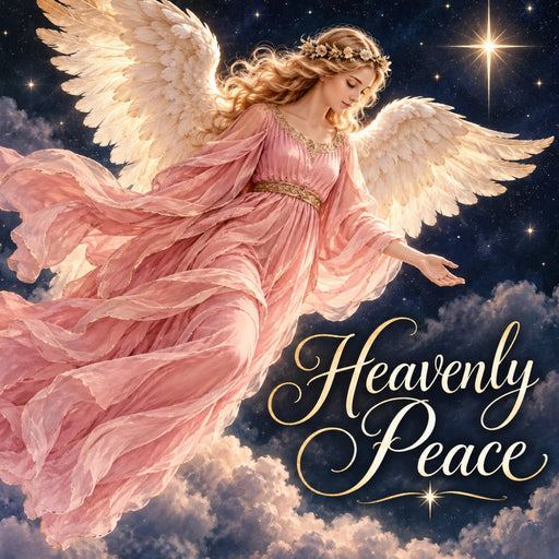 Flat metal sign featuring a beautiful angel with flowing blonde hair, large white feathered wings, and a soft pink gown with gold accents. The angel floats among illuminated clouds against a dark navy starry sky with a brilliant golden star and the words Heavenly Peace in elegant gold script. TTE-859.