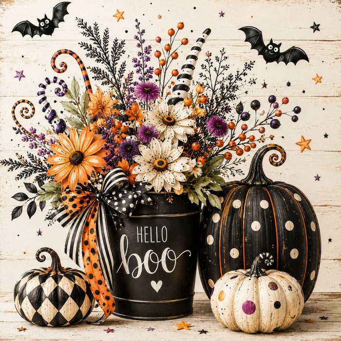 Hello Boo Halloween metal wreath sign with floral bucket, cream background, black and white pumpkin, polka dot pumpkins, bats and orange purple accents, TTE-609.