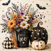 Hello Boo Halloween metal wreath sign with floral bucket, cream background, black and white pumpkin, polka dot pumpkins, bats and orange purple accents, TTE-609.